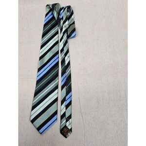 BCBG Attitude Mens Silk Necktie‎ Green Blue Black Diagonal Striped Hand Sewn